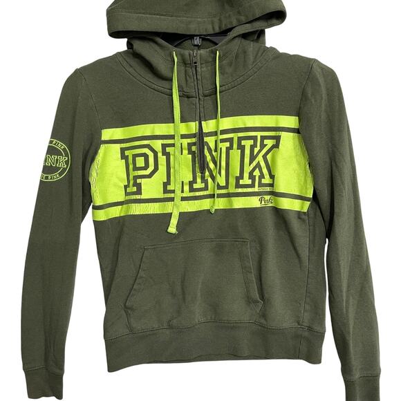PINK Tops - PINK Victorias Secret Hoodie Women XS Green 1/2 Zip Pullover Long Sleeve Y2K